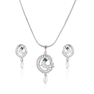 Front view of 925 sterling silver peacock pendant necklace with matching earrings and CZ detailing