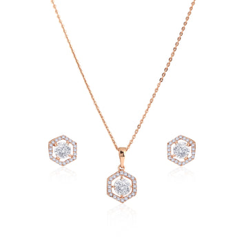 Front view of 925 sterling silver hexagon pendant necklace with matching stud earrings and double-halo CZ design