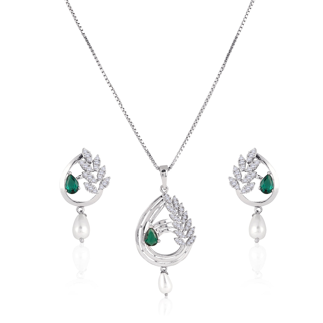 🌿 Elegant 925 Silver Emerald & Pearl Pendant Set
