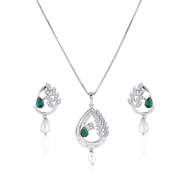 Front view of 925 silver emerald-tone pendant necklace with matching pearl drop earrings and CZ detailing