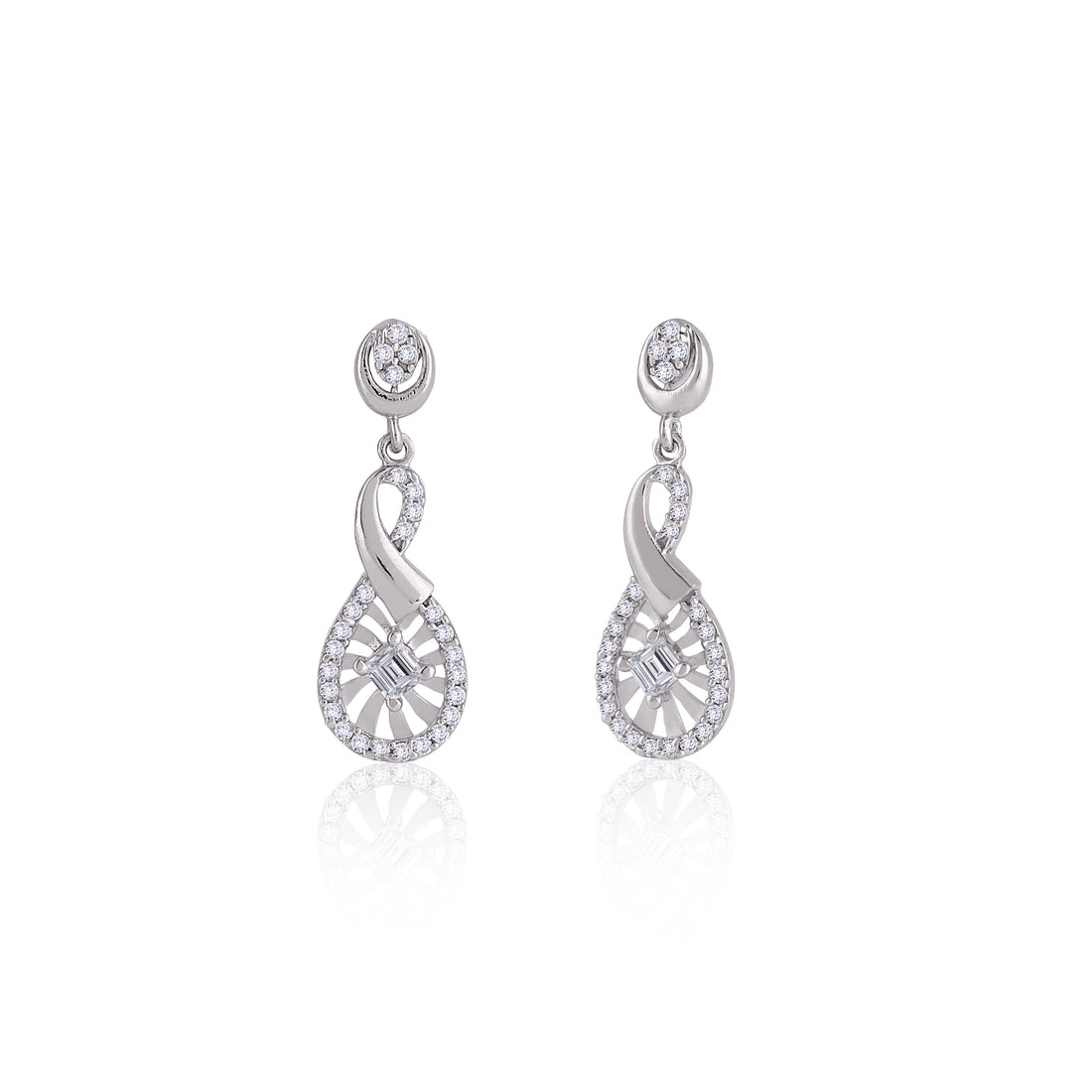 Angled view of 925 silver infinity knot drop earrings showing polished infinity detail and halo setting