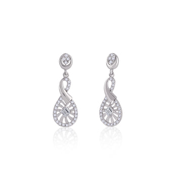 Angled view of 925 silver infinity knot drop earrings showing polished infinity detail and halo setting