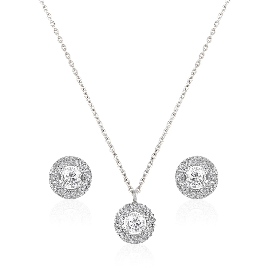 925 silver double halo pendant set with zircon stones displayed on blue fabric