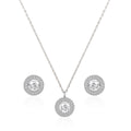 Double halo round pendant set in 925 silver with matching zircon stud earrings