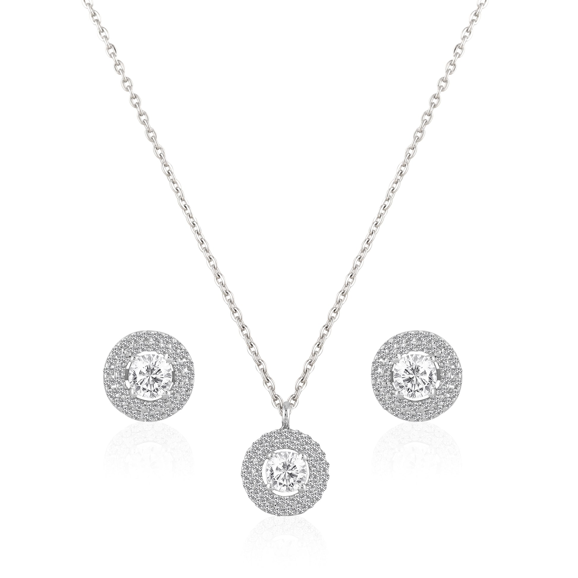 Double halo round pendant set in 925 silver with matching zircon stud earrings
