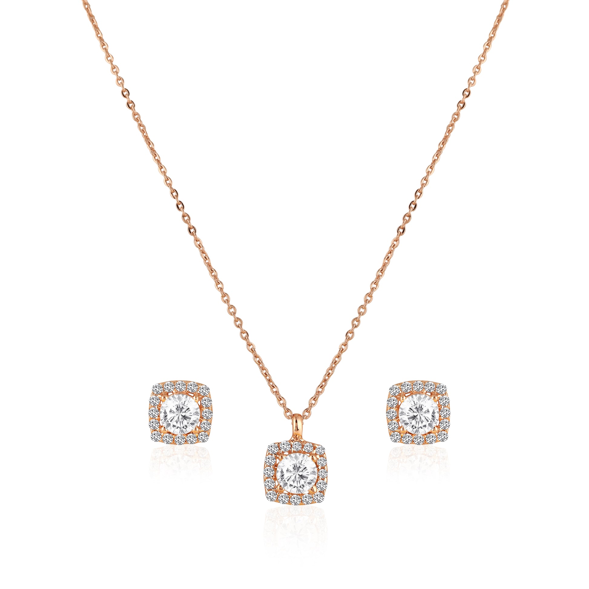 Rose gold 925 silver cushion halo pendant necklace with matching stud earrings