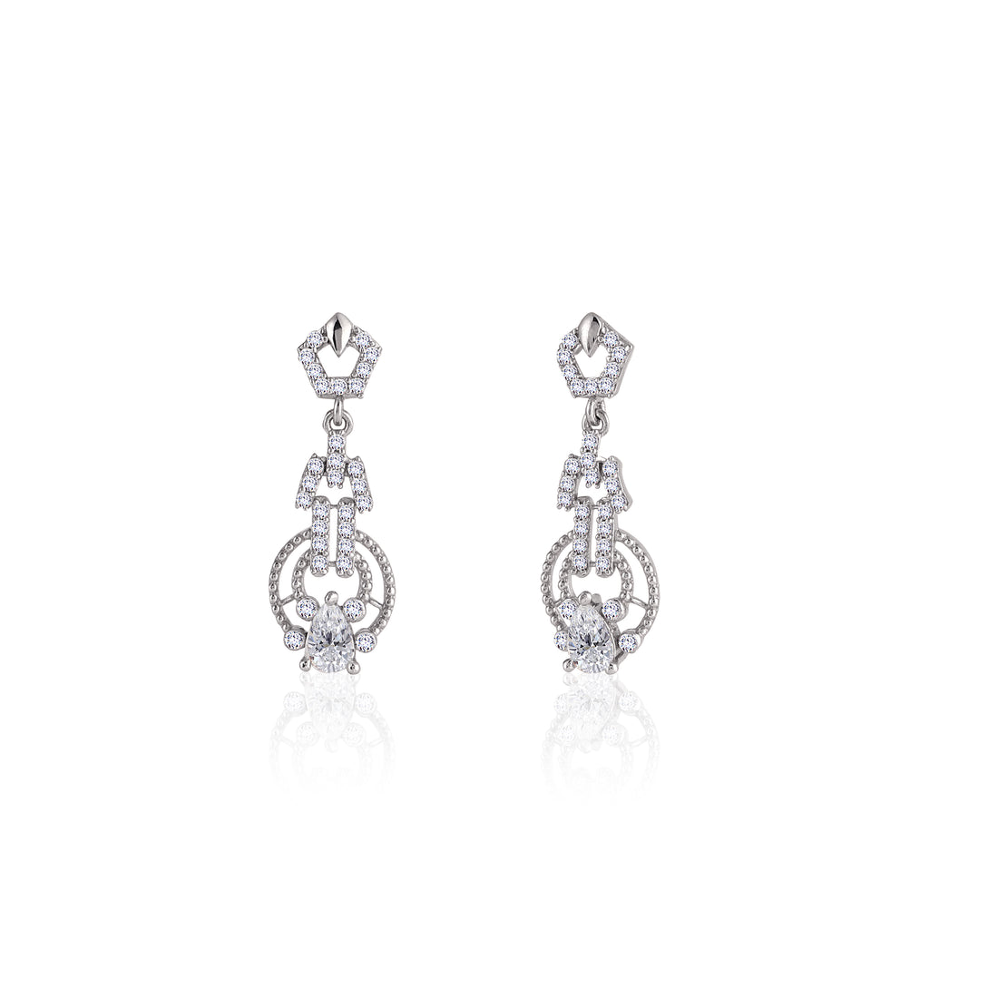 Front view of 925 silver regal crown dangle earrings featuring crown-shaped post and openwork teardrop design