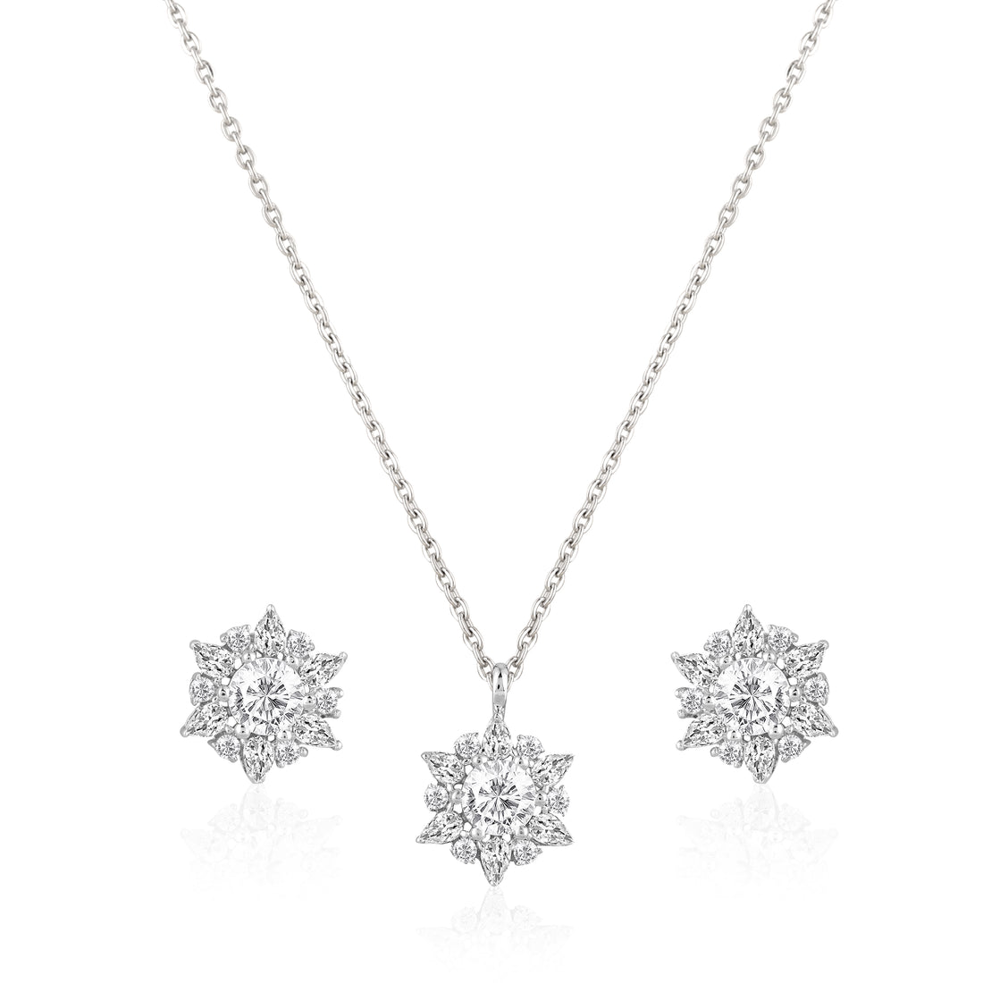 925 silver snowflake cluster pendant set displayed on blue fabric background