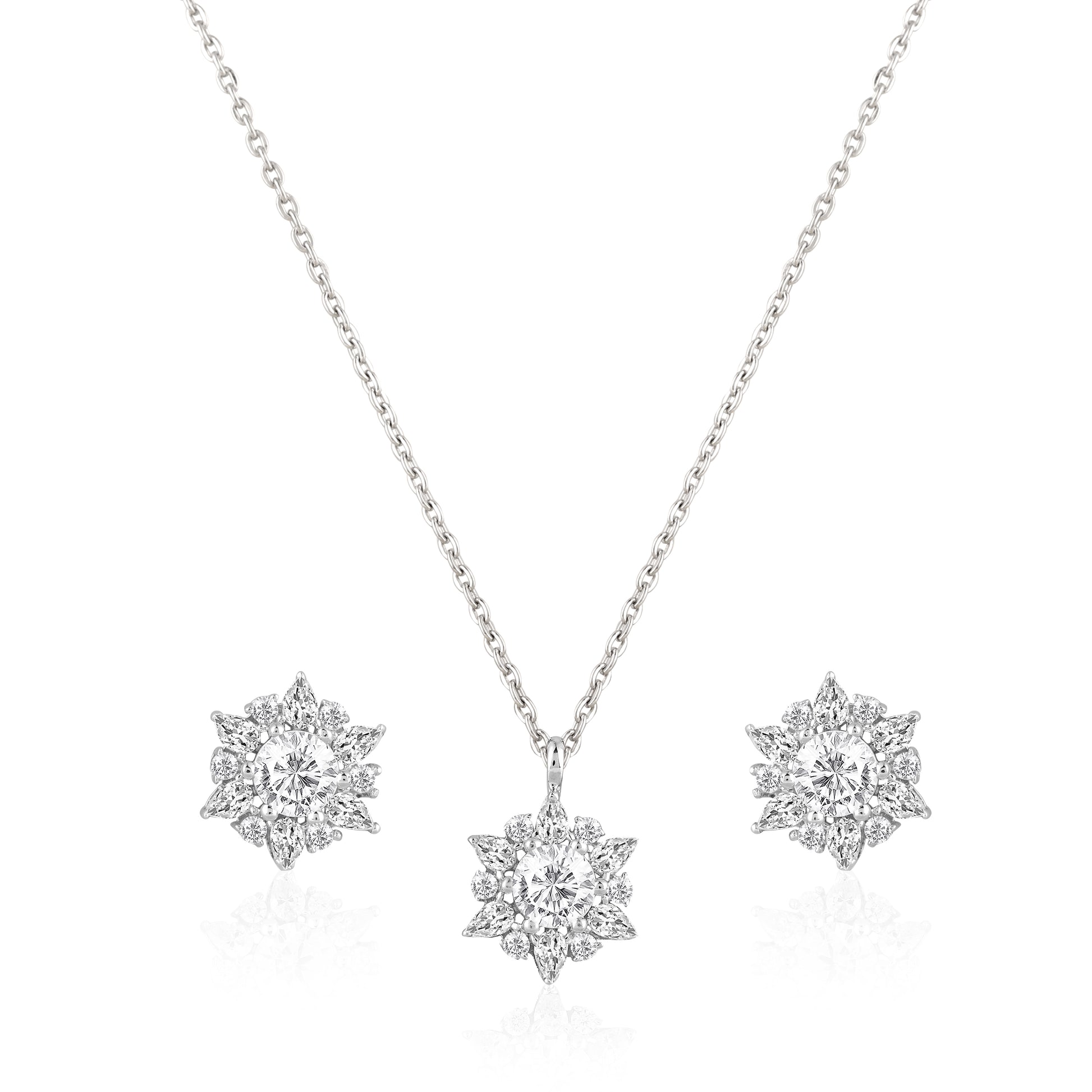 Snowflake floral pendant set in 925 silver with marquise and round zircon stones