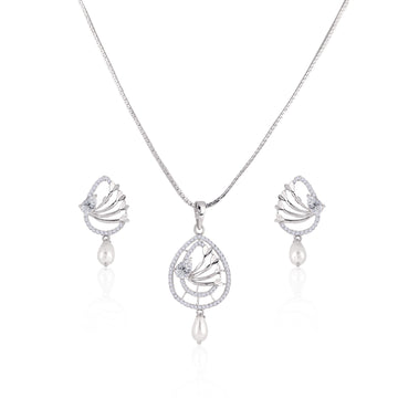 Front view of 925 sterling silver pearl drop necklace and earrings set with cubic zirconia detailing