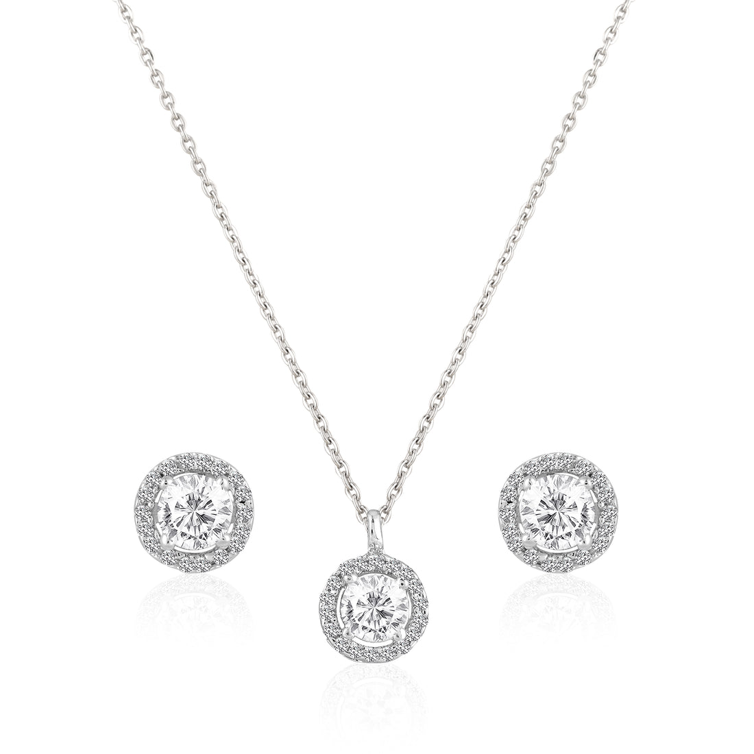 925 silver round halo pendant and stud earrings jewellery set