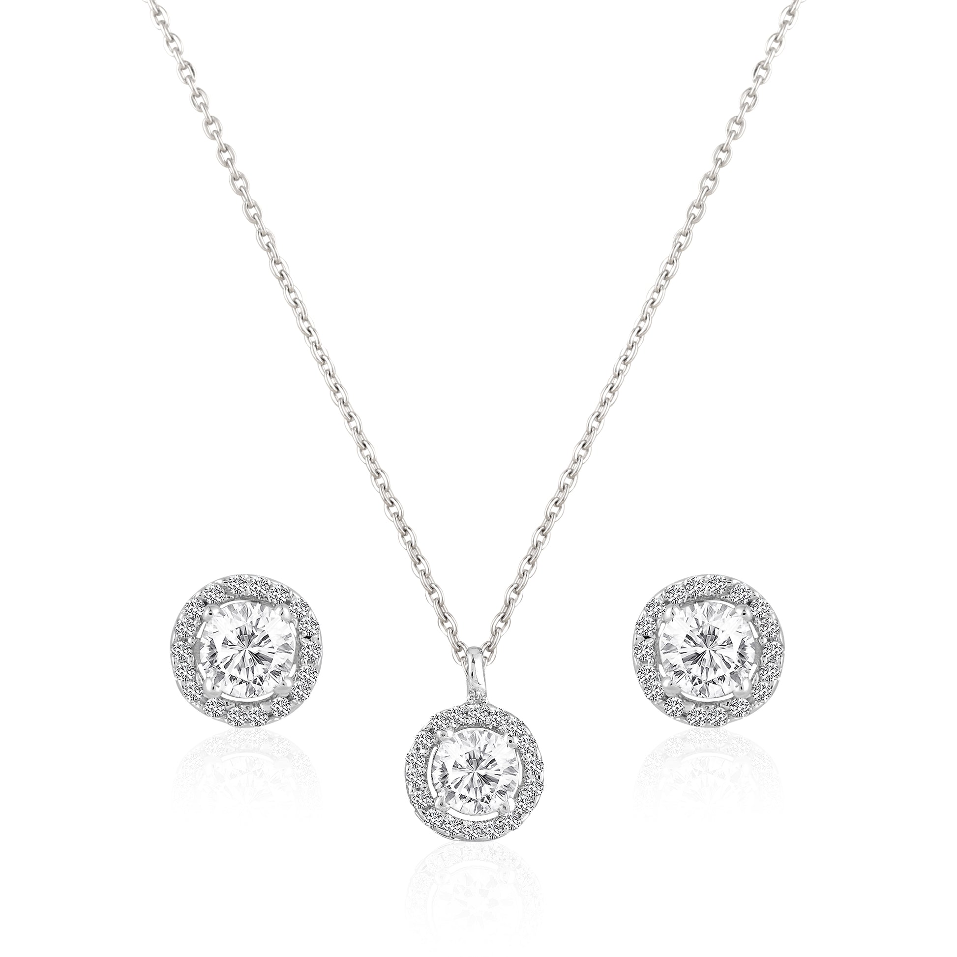 925 silver round halo pendant and stud earrings jewellery set