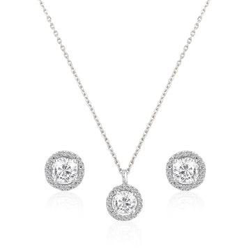 925 silver round halo pendant and stud earrings jewellery set
