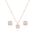 Elegant rose gold finish pendant set in 925 silver with matching stud earrings and geometric halo detailing