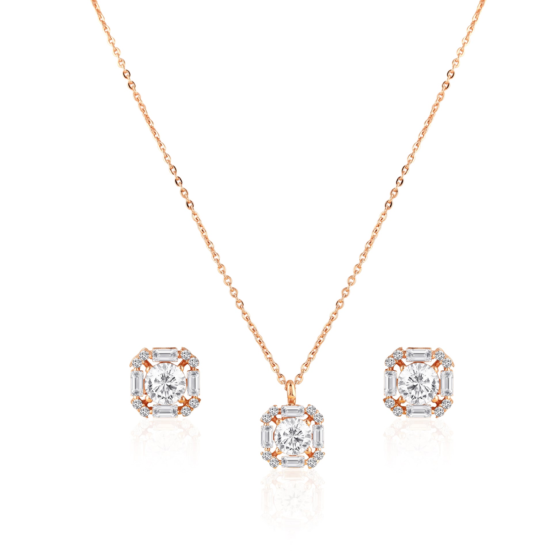 Elegant rose gold finish pendant set in 925 silver with matching stud earrings and geometric halo detailing