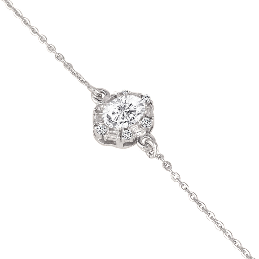 925 silver halo bracelet against soft pink background