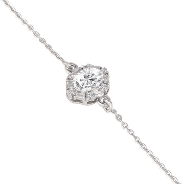 Close-up of 925 silver halo bracelet with brilliant round center stone