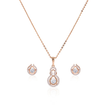 Front view of 925 sterling silver rose gold plated pendant necklace with matching drop earrings and pavé detailing