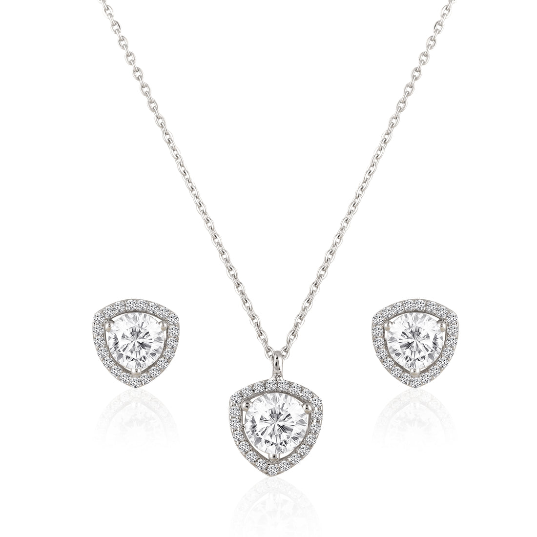 925 silver heart halo pendant necklace set with matching stud earrings on black background