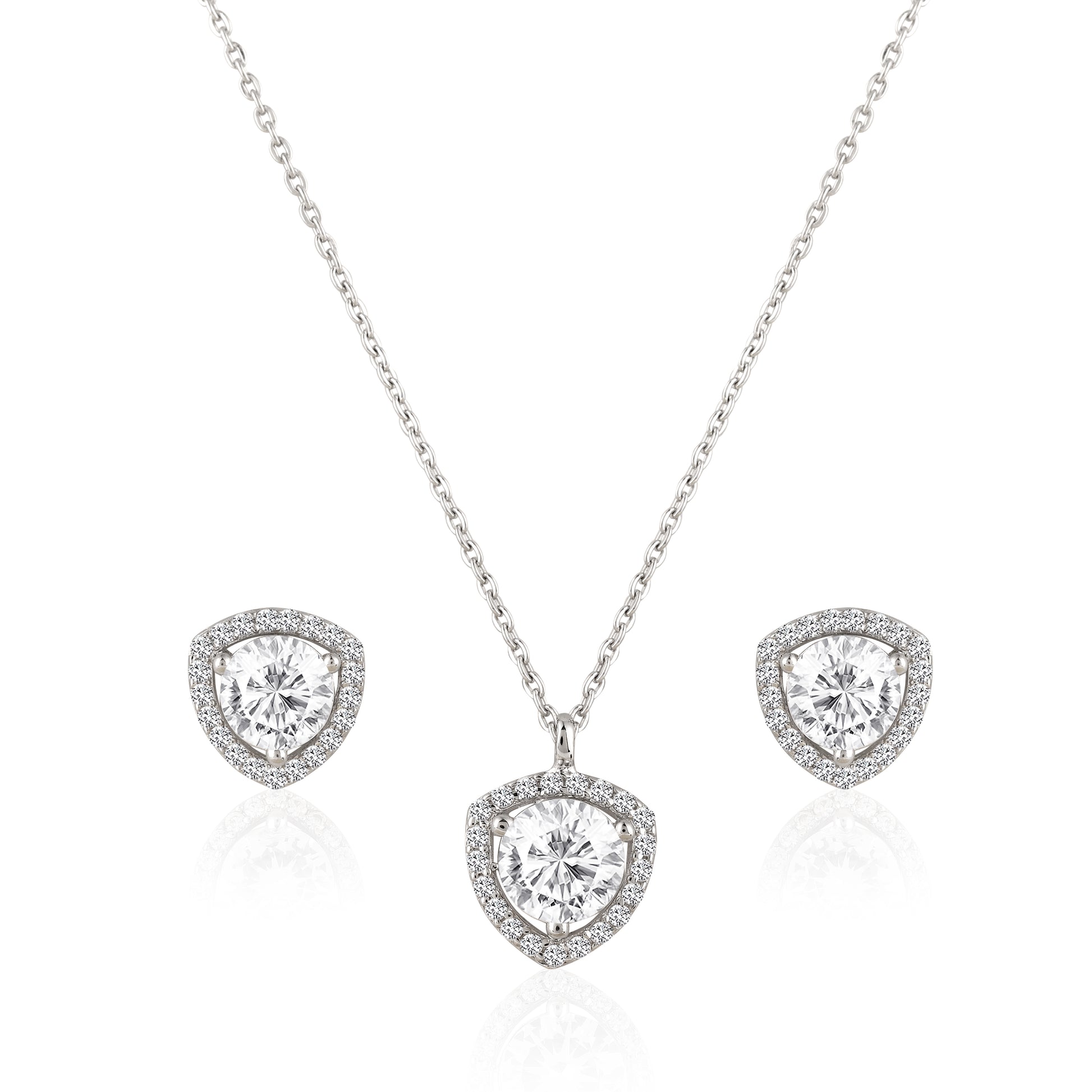 925 silver heart shaped halo pendant necklace with coordinating stud earrings