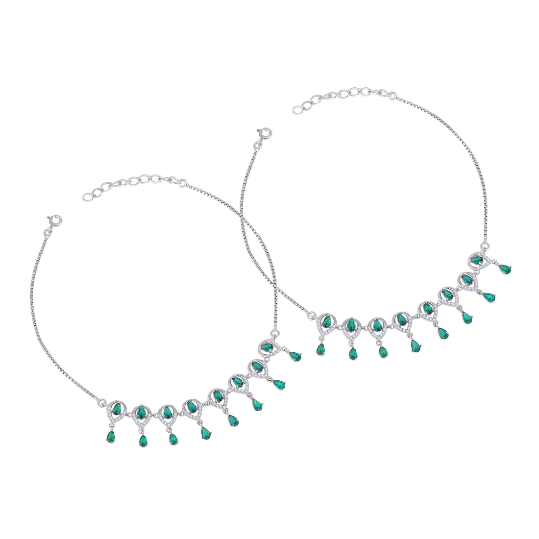 💚 Royal Emerald Drop 925 Silver Anklet Duo