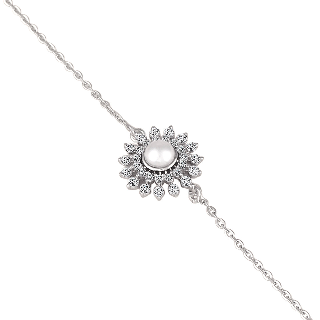925 silver sunflower pearl bracelet on blue fabric background