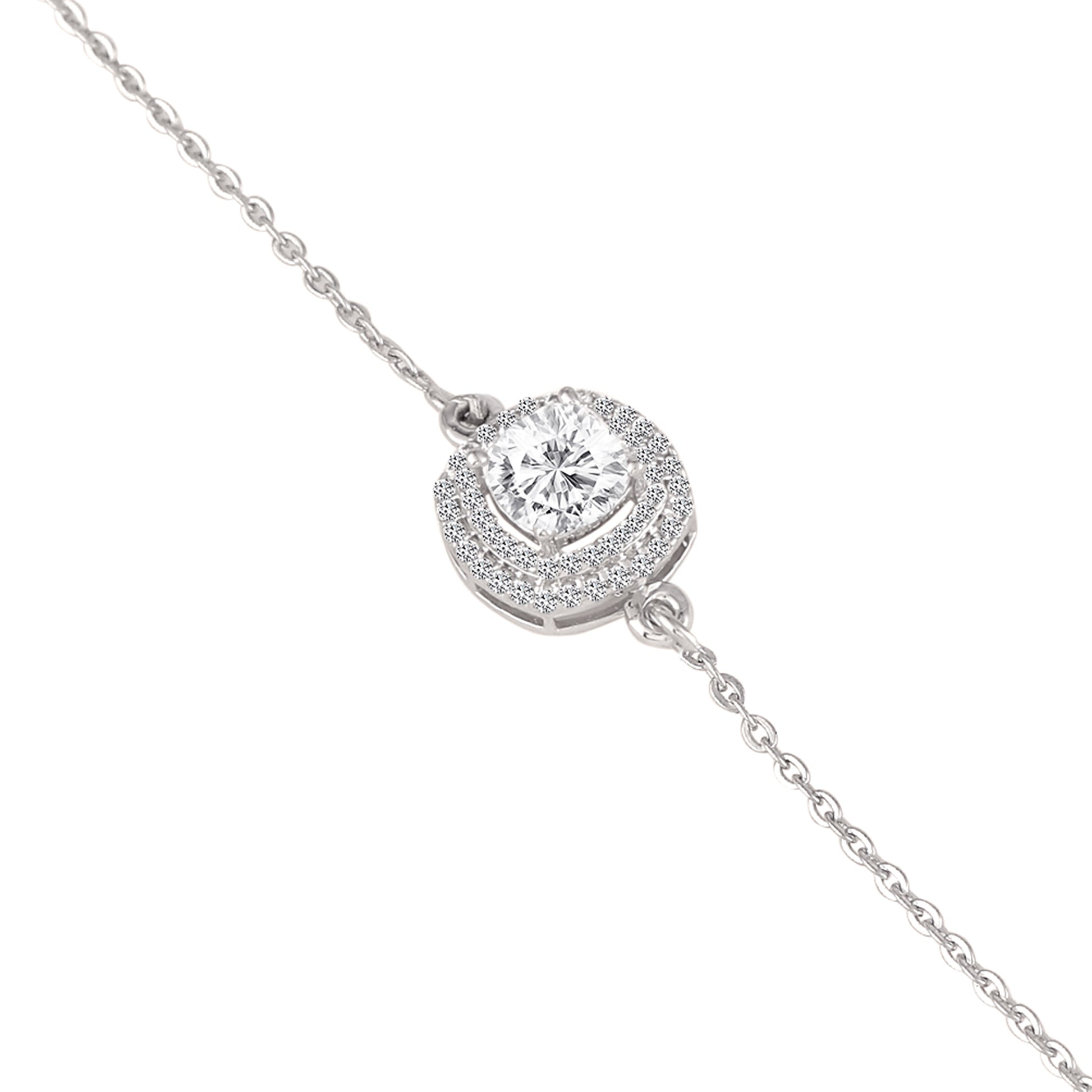 925 silver cushion halo bracelet close-up with round center stone