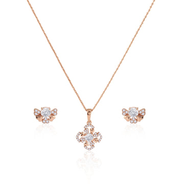 Front view of 925 sterling silver rose gold plated clover flower pendant necklace with matching stud earrings