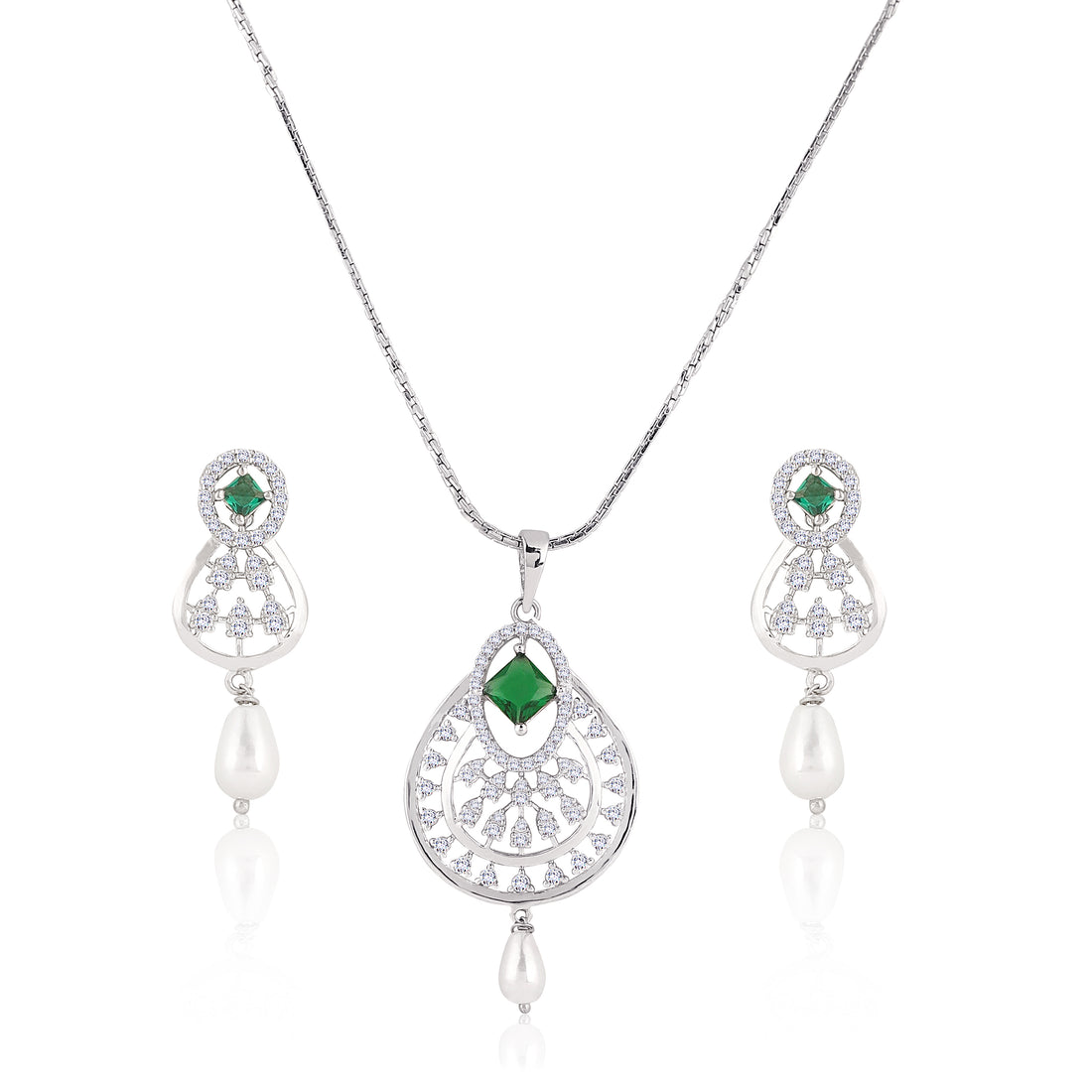 💚 Elegant 925 Silver Green Stone & Pearl Pendant Set