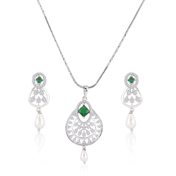 Front view of 925 silver green stone pendant necklace and pearl drop earrings with CZ detailing