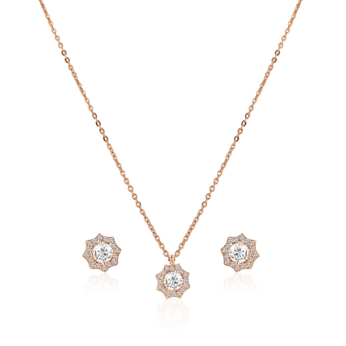 Rose gold floral halo pendant set in 925 silver with zircon stones displayed on soft pink background