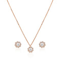 Rose gold 925 silver floral halo pendant necklace with matching stud earrings front view