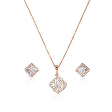 Front view of 925 silver rose gold square pendant necklace with matching stud earrings and sparkling centre stones