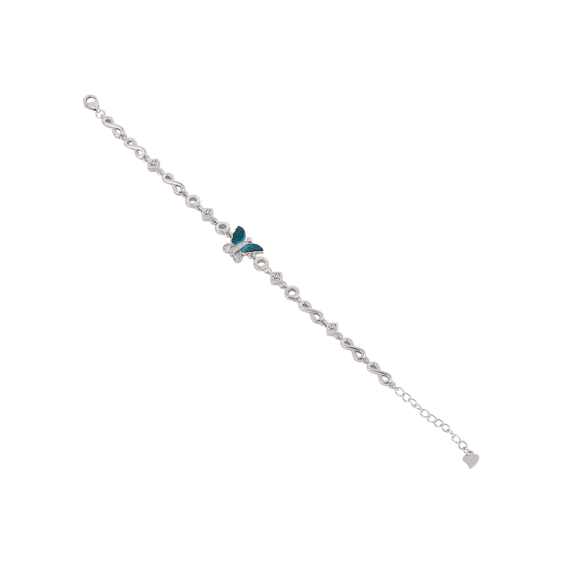 Top view of 925 silver bracelet featuring blue enamel butterfly centerpiece and infinity link chain