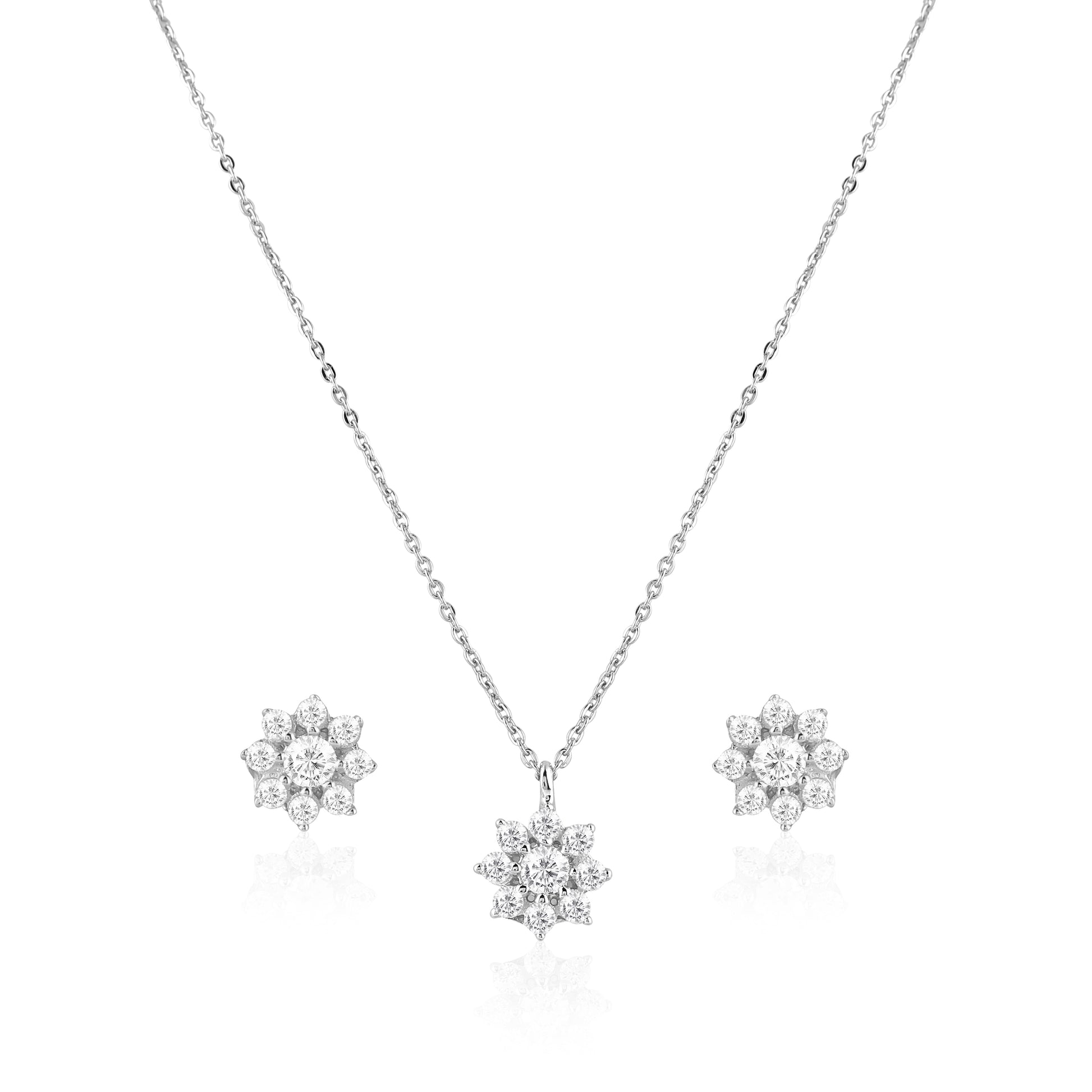 925 silver floral pendant and stud earrings set with petal design