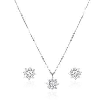 925 silver floral pendant and stud earrings set with petal design