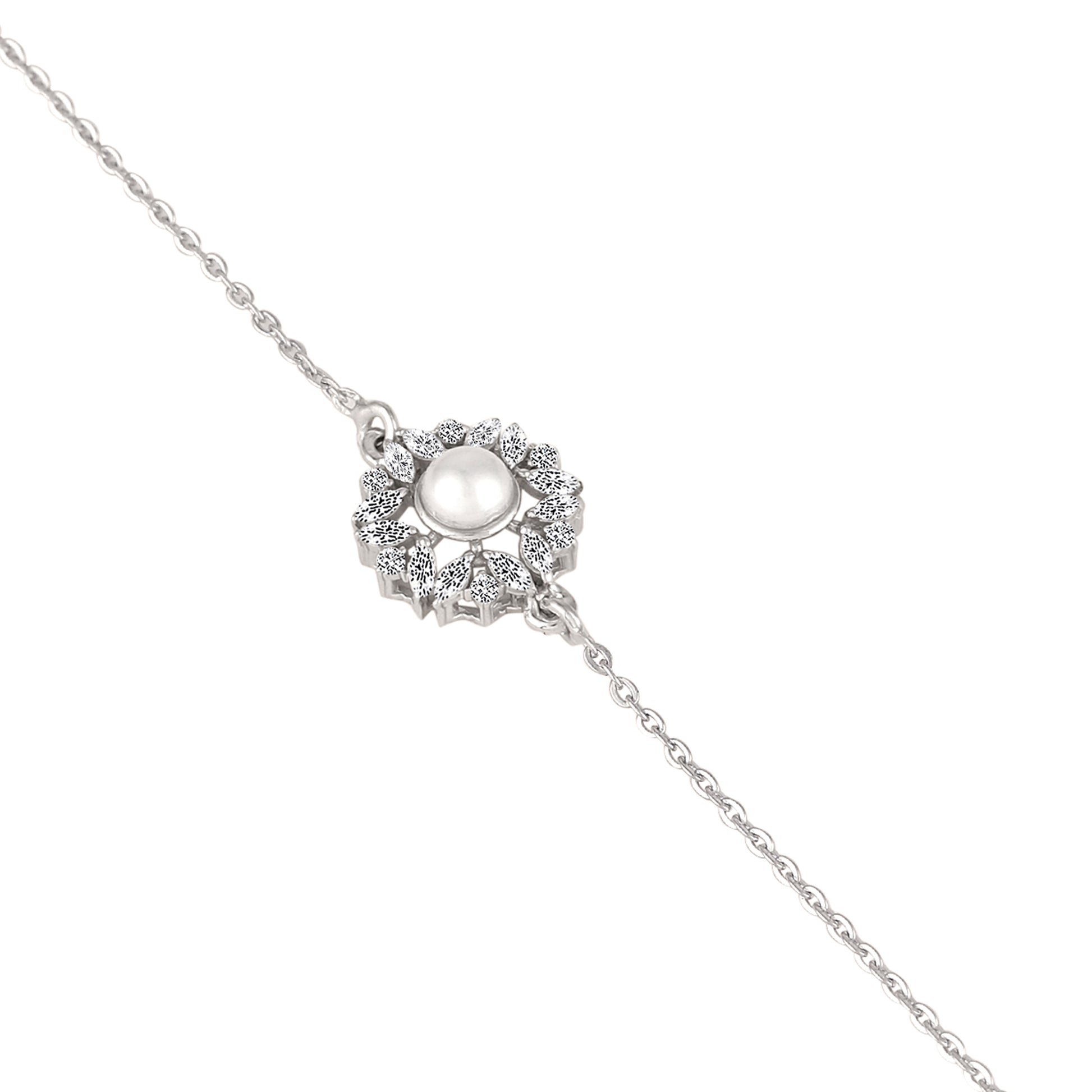 Close-up of 925 silver pearl flower bracelet with marquise halo