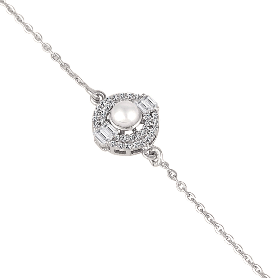 925 silver pearl halo bracelet styled on blue fabric background
