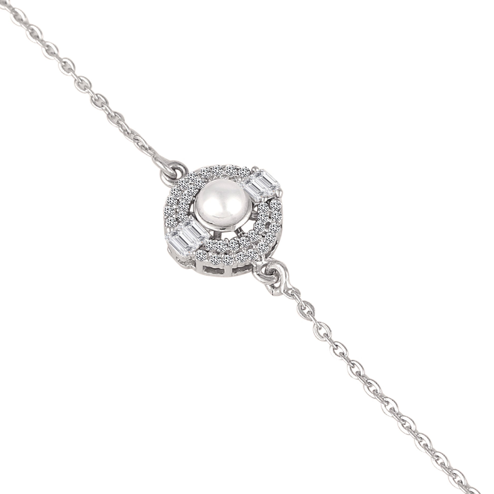 925 silver pearl halo bracelet close-up with pearl center and stone detailing