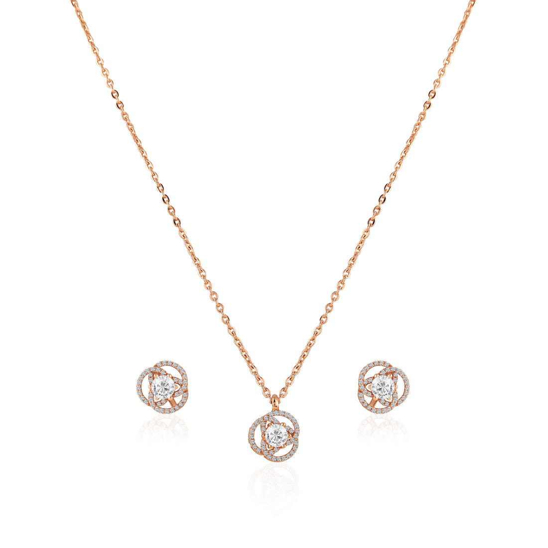 925 silver rose gold twisted halo pendant necklace set with matching stud earrings on black background