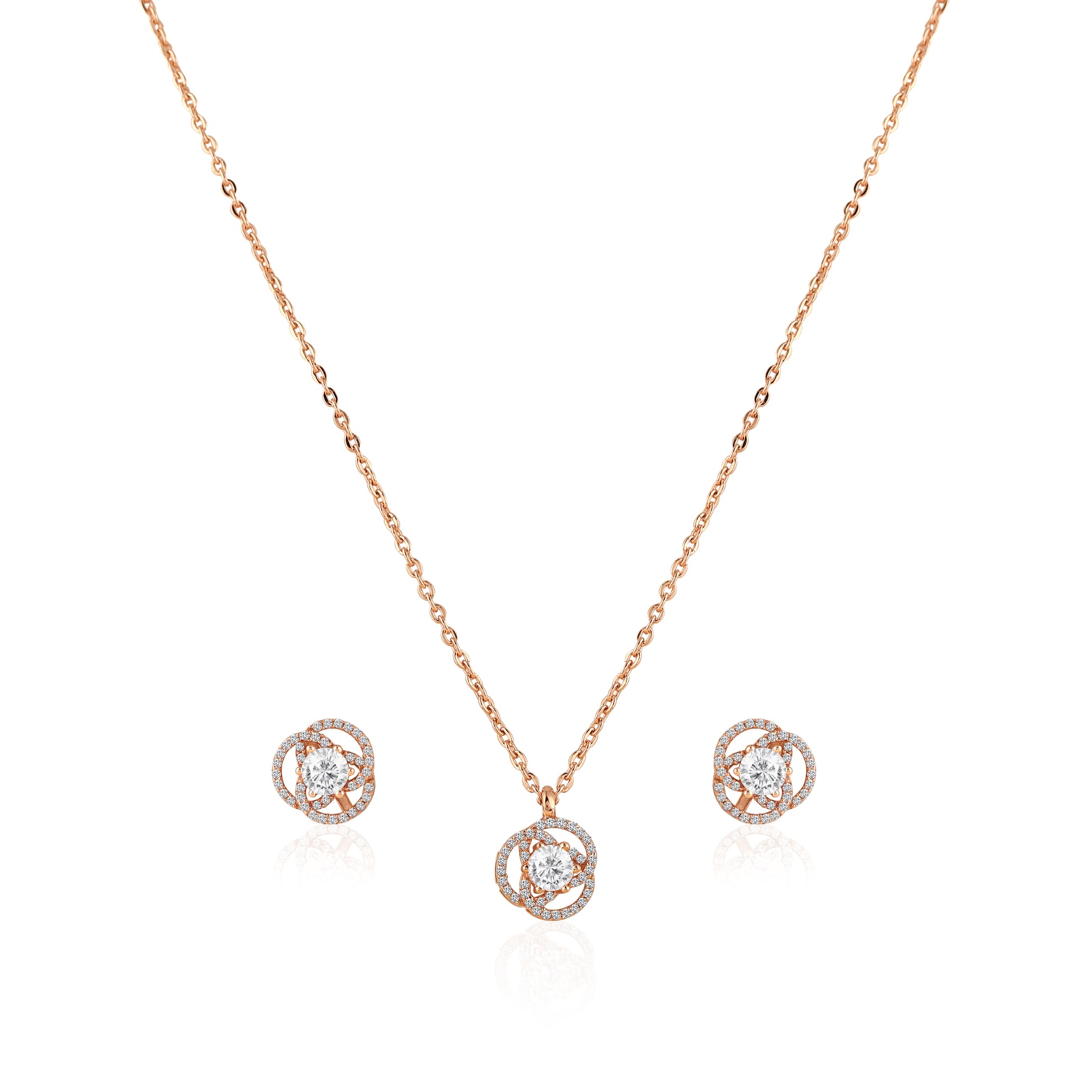 925 silver rose gold round twisted halo pendant necklace with stud earrings