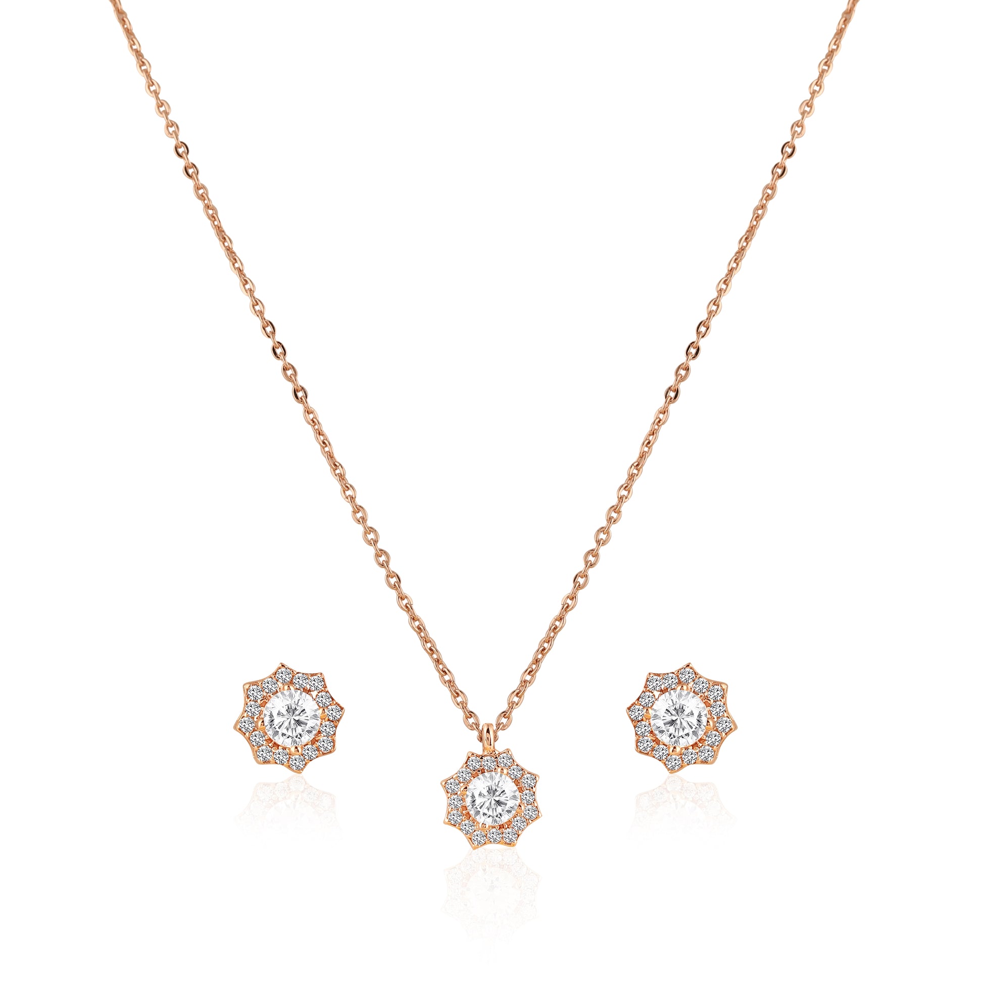 Rose gold floral halo pendant set in 925 silver with matching zircon stud earrings