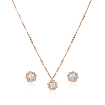 Rose gold floral halo pendant set in 925 silver with matching zircon stud earrings