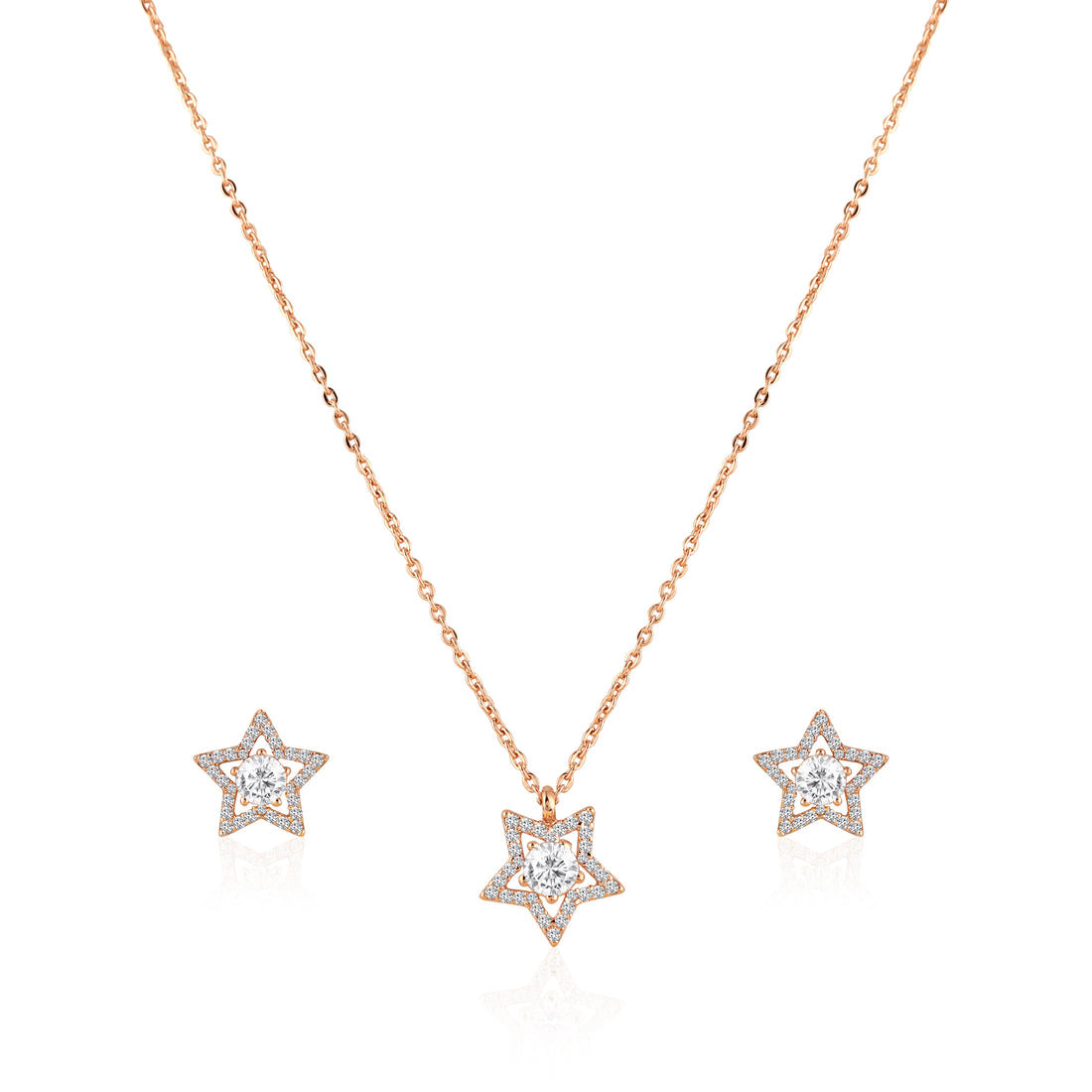 925 silver rose gold star pendant necklace set with matching stud earrings displayed on black background