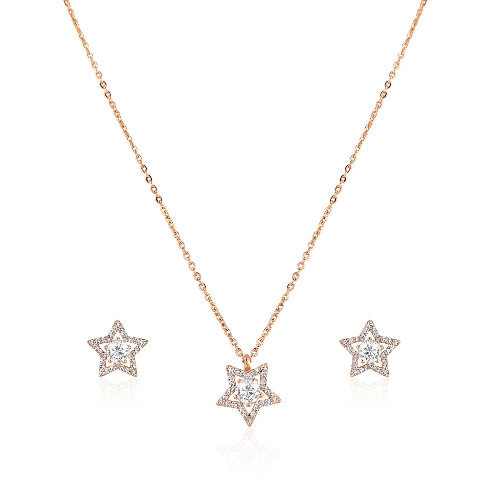 925 silver rose gold star pendant necklace with matching star stud earrings front view