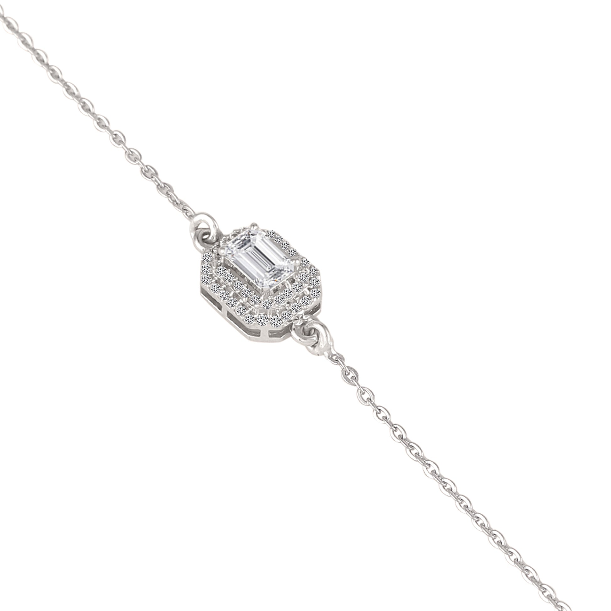 925 silver emerald-cut halo bracelet close-up with double halo detailing