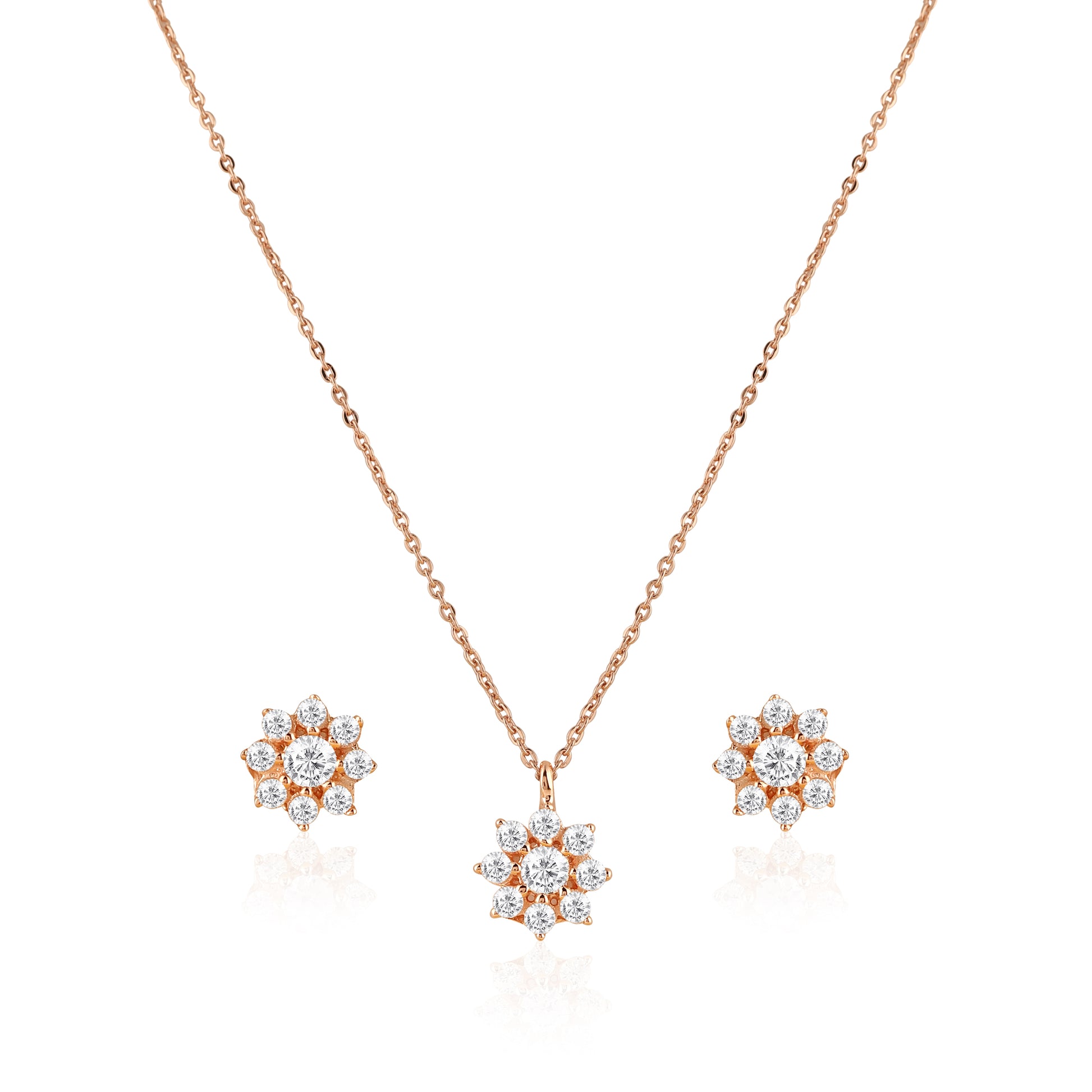 Floral 925 silver rose gold pendant and stud earrings set with round stone cluster design