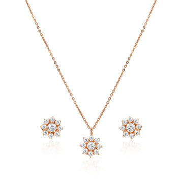 Floral 925 silver rose gold pendant and stud earrings set with round stone cluster design
