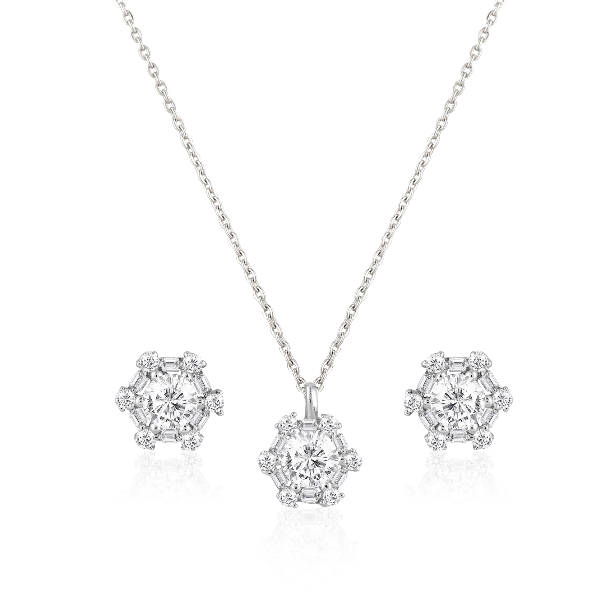 925 silver cluster pendant and stud earrings set with baguette halo