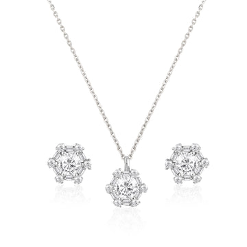 925 silver cluster pendant and stud earrings set with baguette halo